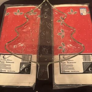 Vintage Christmas Glass Tree Tray + 2 Sealed vintage paper Holiday Tablecovers